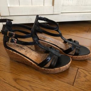 Cork-like wedge heel black sandals size 6.5.